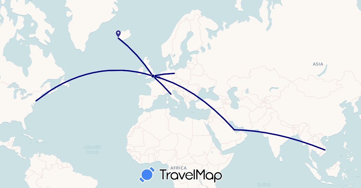 TravelMap itinerary: driving in Belgium, Germany, United Kingdom, Iceland, Italy, Qatar, United States, Vietnam (Asia, Europe, North America)