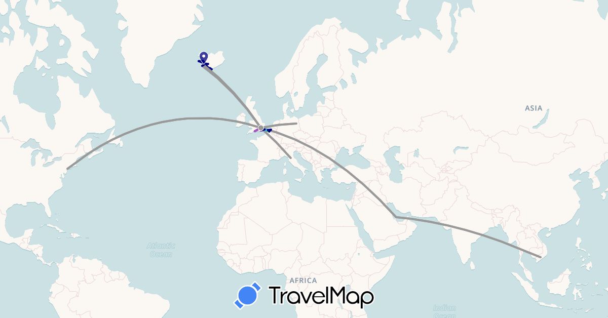 TravelMap itinerary: driving, bus, plane, train, boat in Belgium, Germany, France, United Kingdom, Iceland, Italy, Qatar, United States, Vietnam (Asia, Europe, North America)